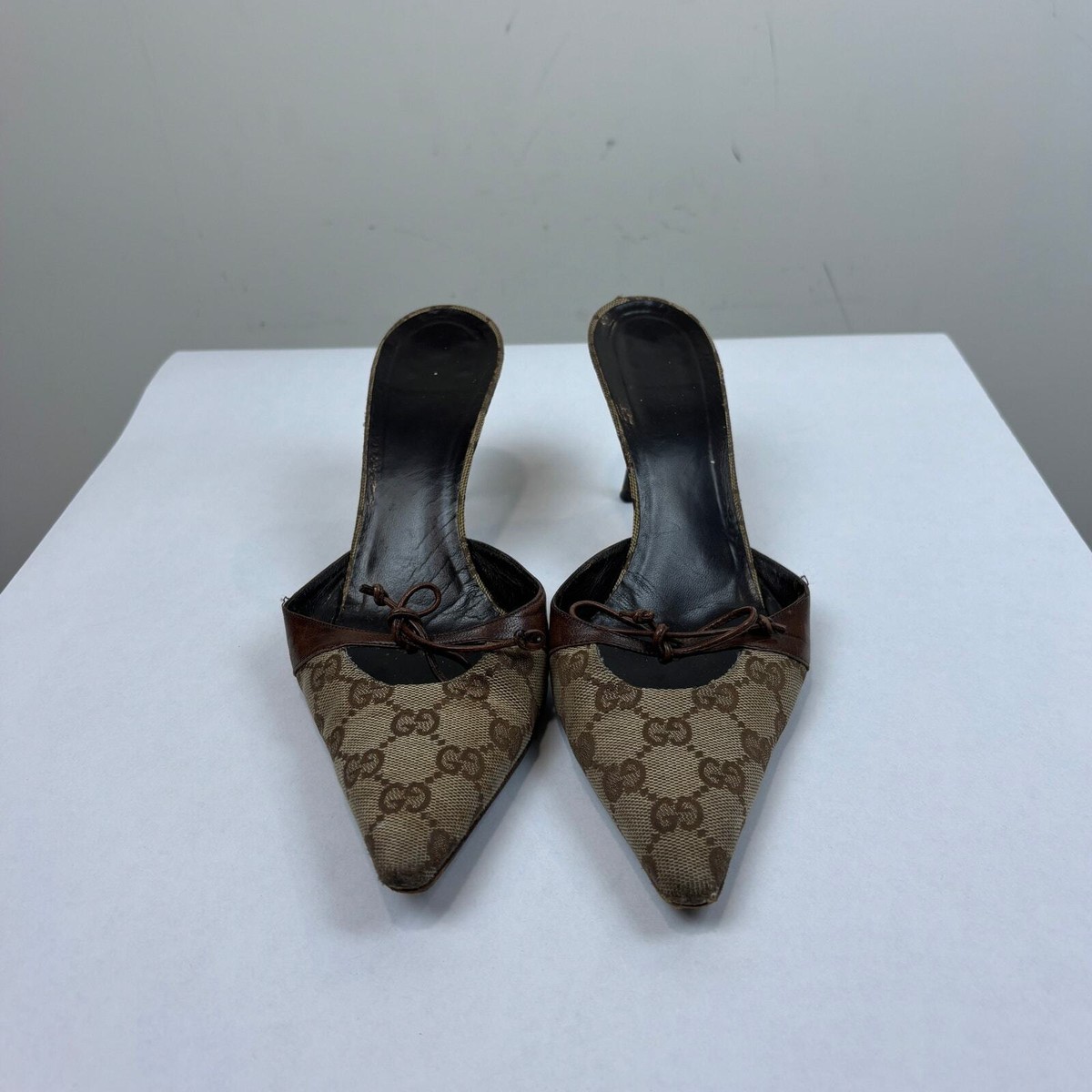 Vintage Gucci Tom Ford Monogram Cut Out Kitten Heels Mules Women's