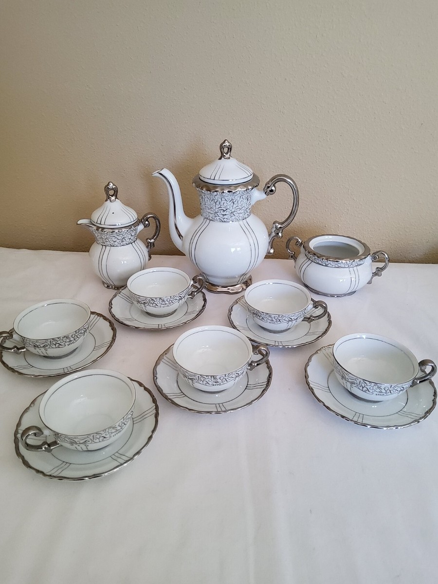 17 Piece Seyei Fine China Tea Set Made in Japan #1031 Silver and