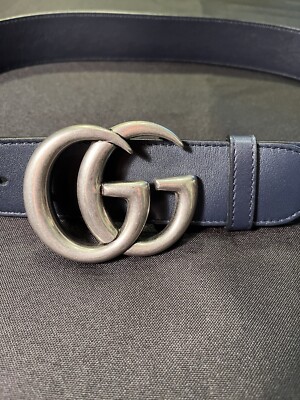 $540 GUCCI MARMONT BELT MONOGRAM GG G BLUE LEATHER 397660 80cm 32