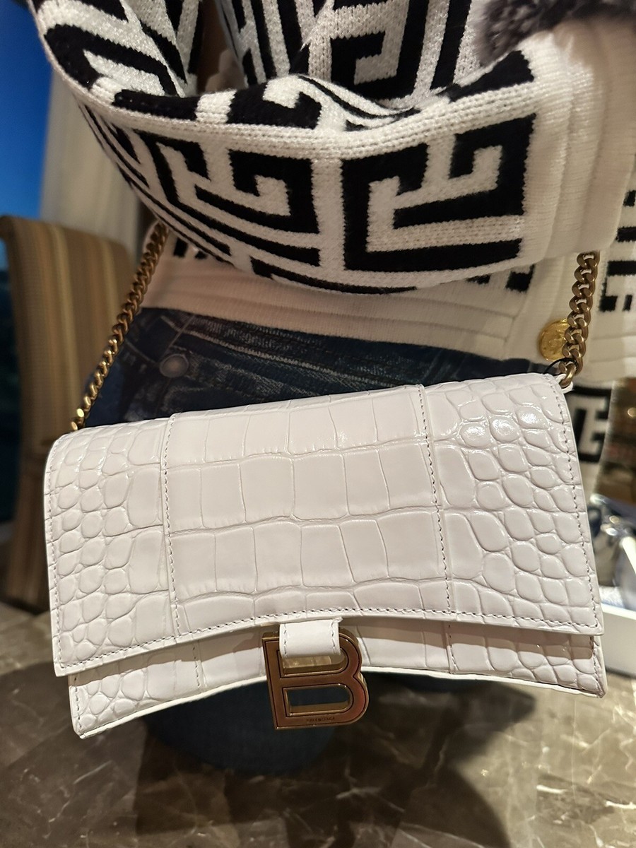 New Balenciaga Hourglass Crocodile White Leather Chain Bag