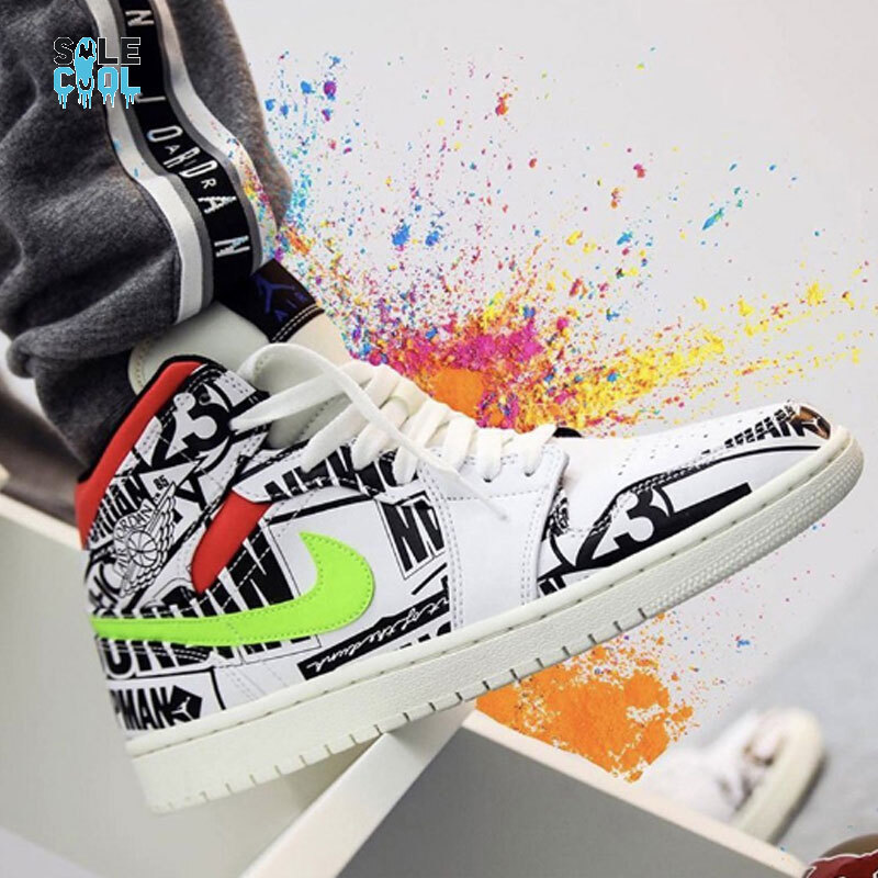 Nike Air Jordan 1 AJ1 Mid GS All Over Logo White Green Shoes