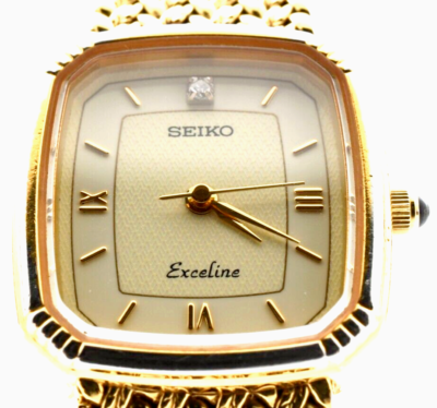 Vintage 1983 [Exc+5] Seiko Exceline 7321-6600 Gold Ivory Square QZ