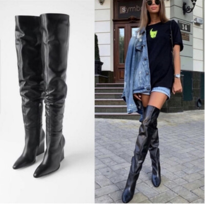 Zara AW19 Oversided Geometric Shaft Heeled Leather Boots Black