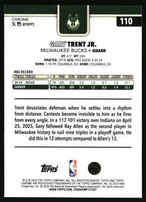 2025-26 Topps Chrome #110 Gary Trent Jr. Milwaukee Bucks | eBay