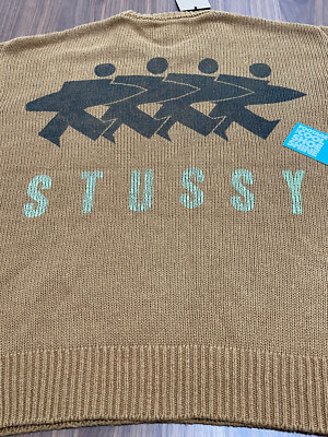 STUSSY SURFMAN ICON COTTON LINEN CREWNECK WOVEN KNIT SWEATER BROWN