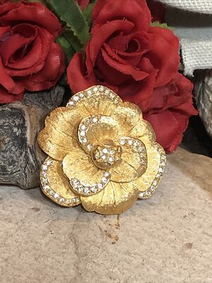 9. Vintage Gold tone Rhinestone CHRISTIAN DIOR Rose Flower Pin