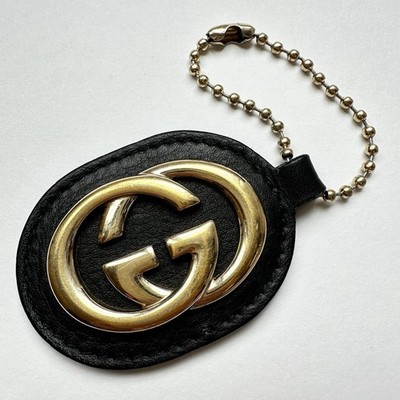 GUCCI Sukey Bag Charm Key chain Interlocking Black Leather Gold GG