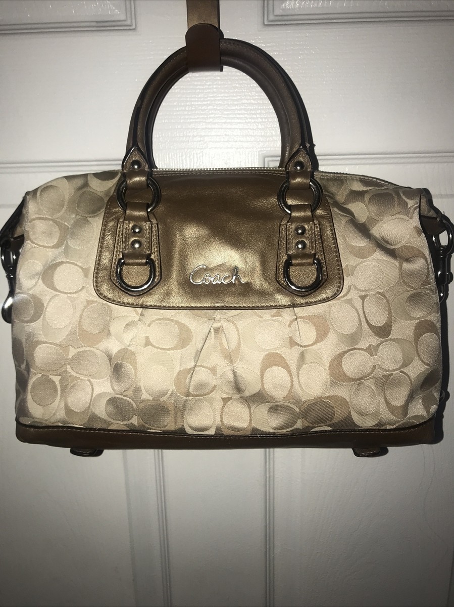 COACH ASHELY F18425 BEIGE SIGNATURE SATEEN BRONZE LEATHER BAG no