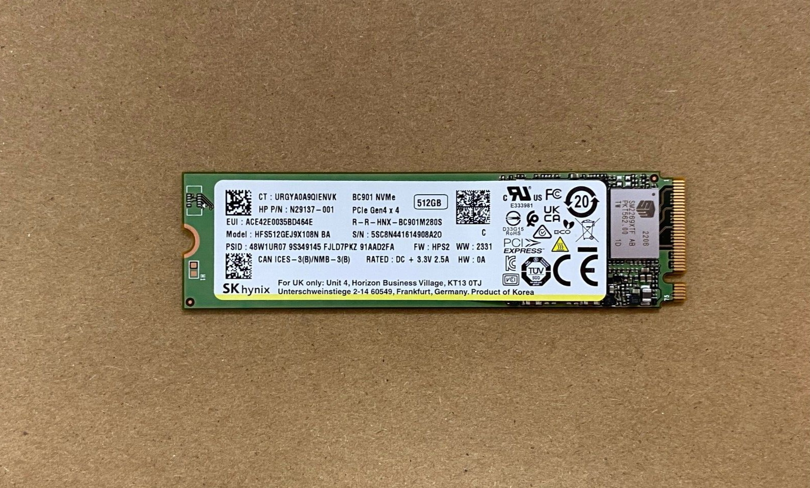 SK Hynix 512GB NMVe M.2 80mm SSD HFS512GEJ9X108N N29137-001 BC901