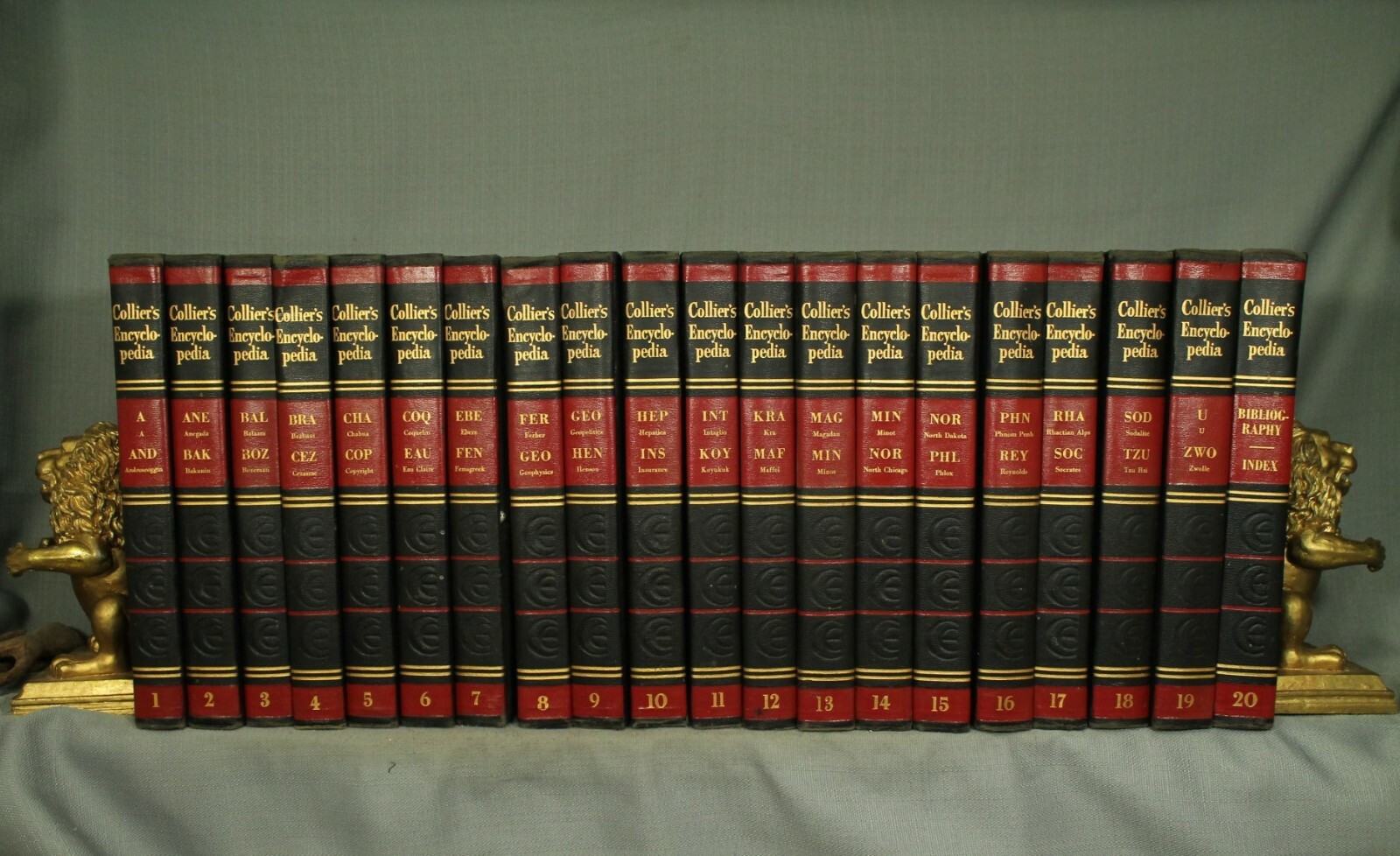 1953 20 volume set Collier's Encyclopedia black red gold