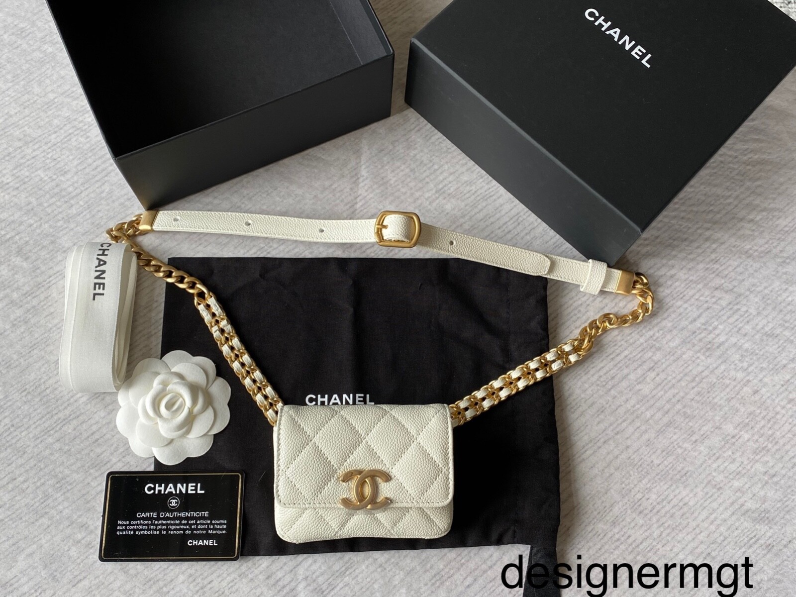 NIB 100%AUTH Chanel 22P White Caviar Removable Card Holder Belt