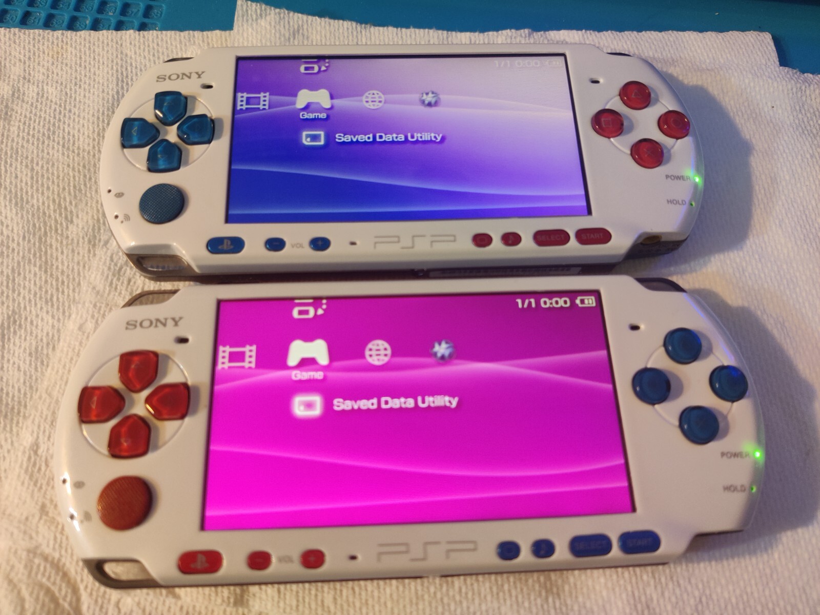 Sony PSP 3000 Console System White w Blue Red Buttons Custom w