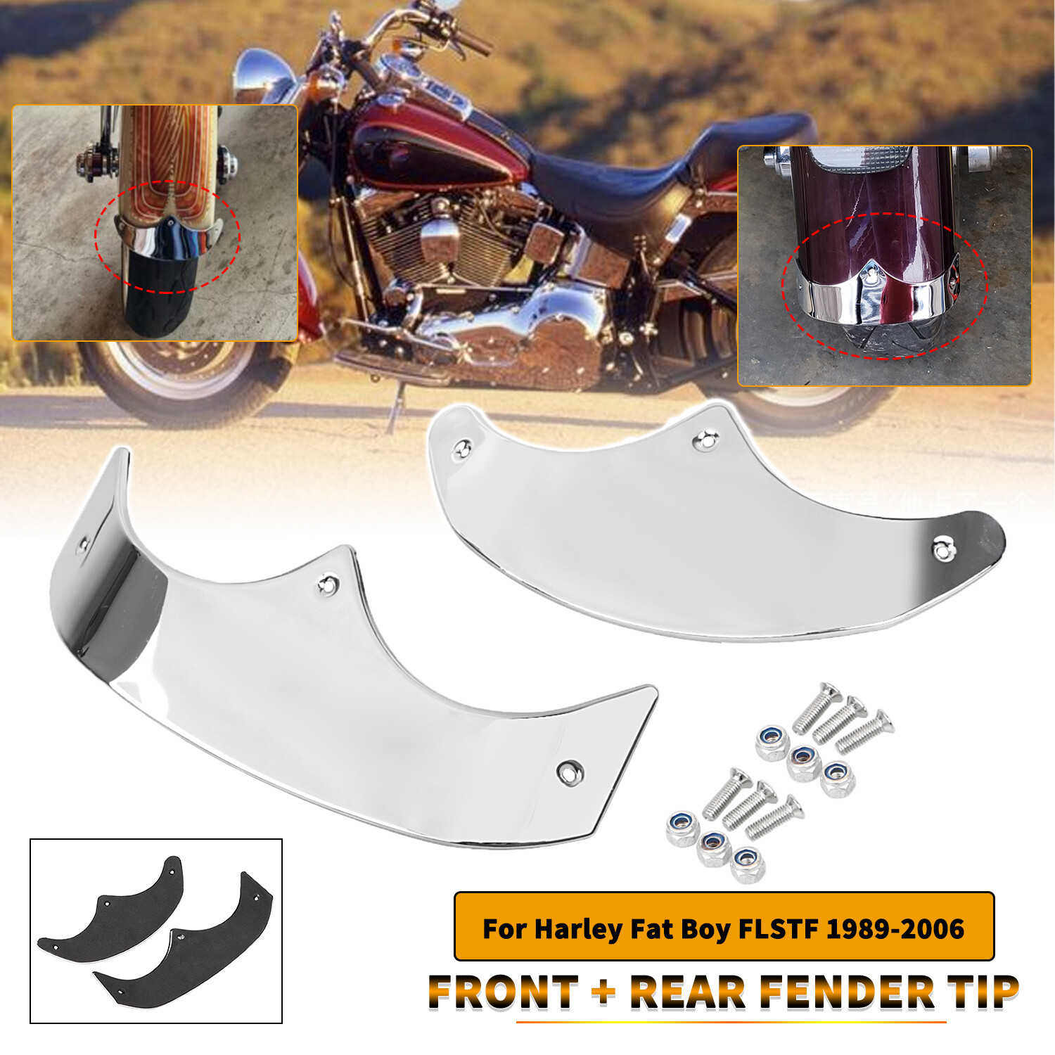 Chrome Front &Rear Fender Tip Trim Set For Harley Fat Boy FLSTF