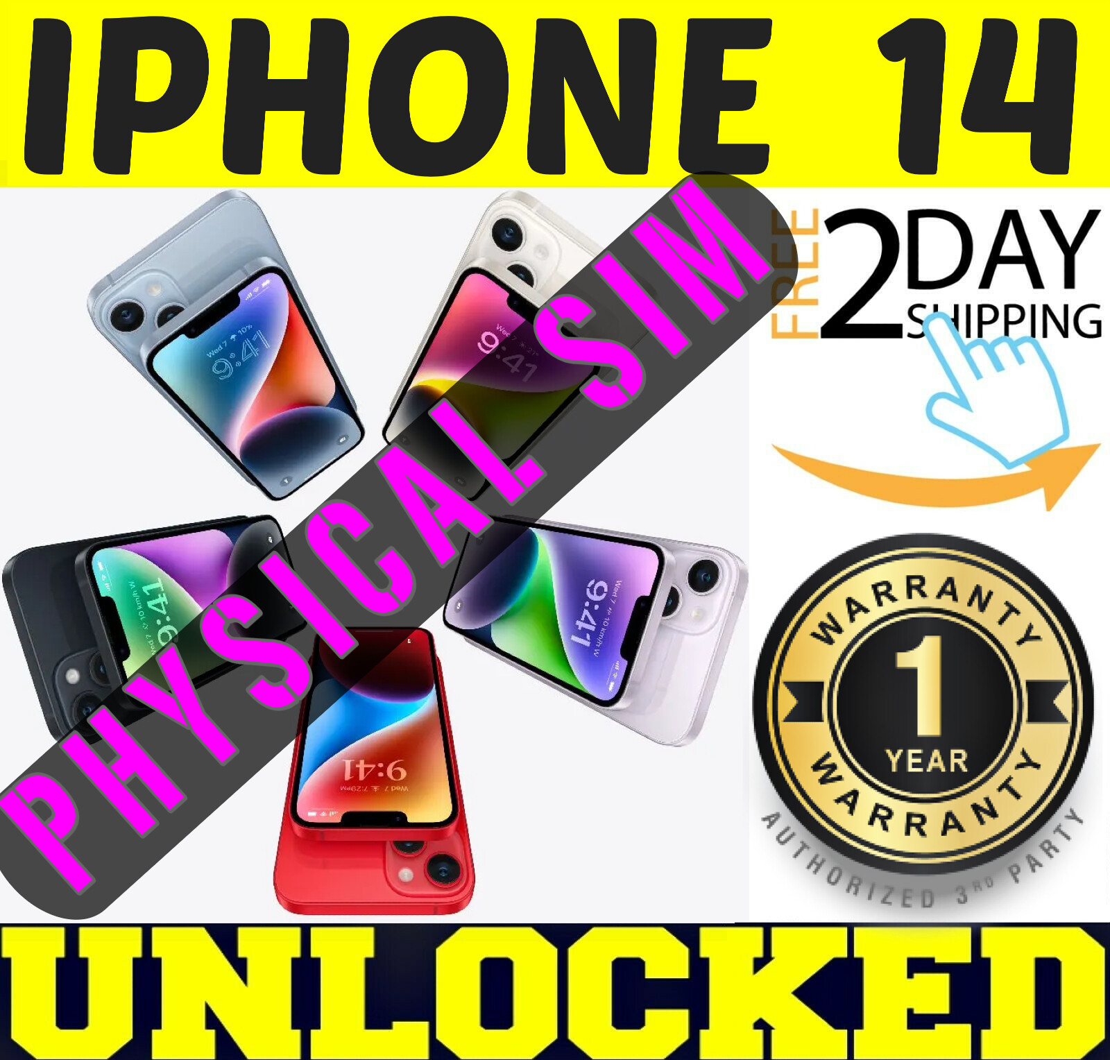 APPLE IPHONE 14 - 128GB 256GB (UNLOCKED) ✓PHYSICAL SIM CARD