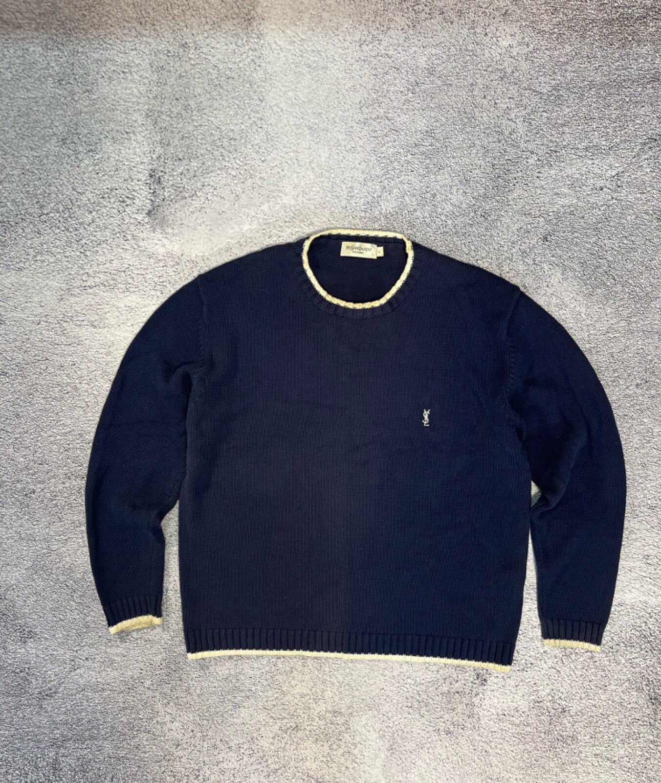 YSL Yves Saint Laurent Men's Sweater Vintage Knit Mini Logo Blue