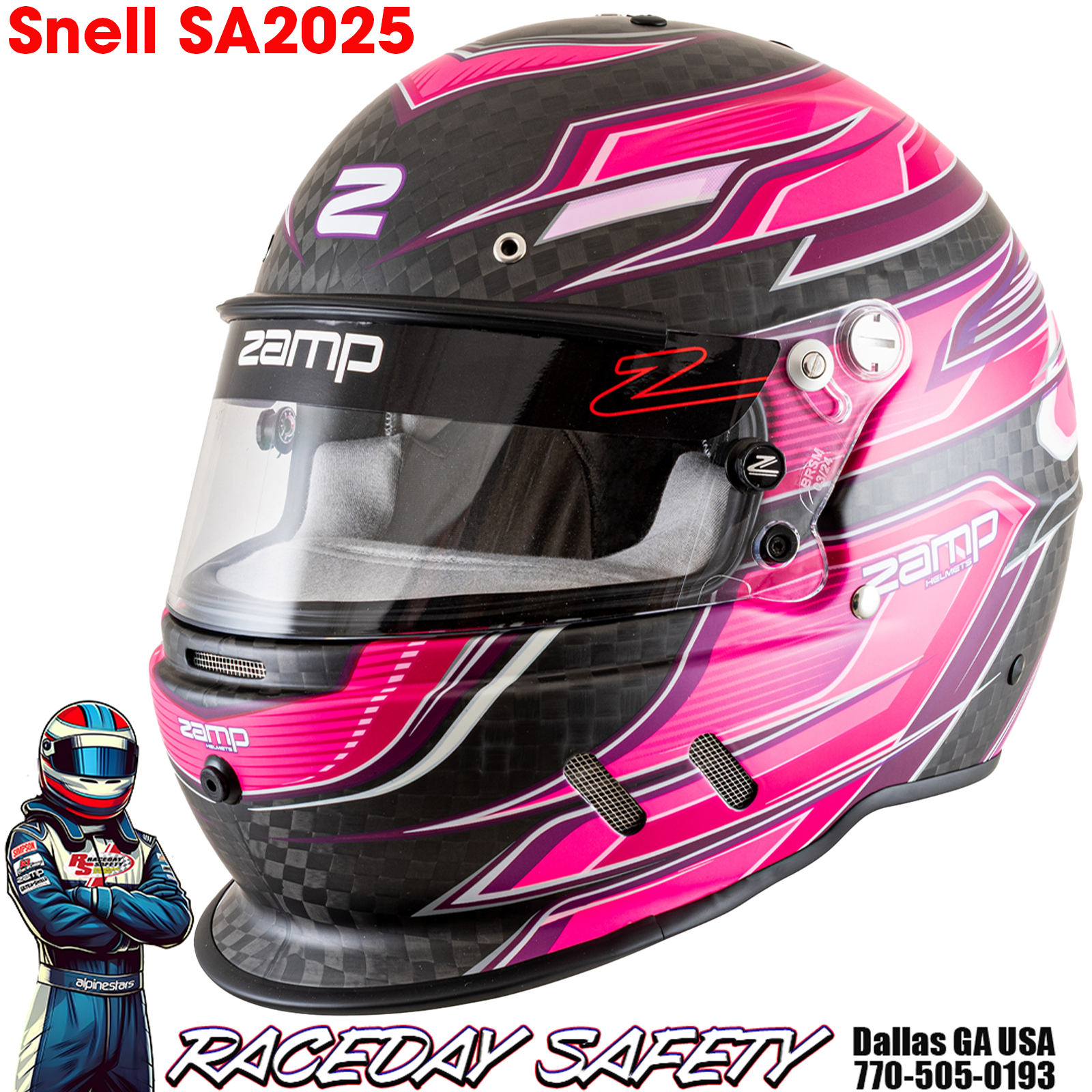 Zamp RZ-67D Auto Racing Helmet Flo Pink/Purple Carbon Graphic