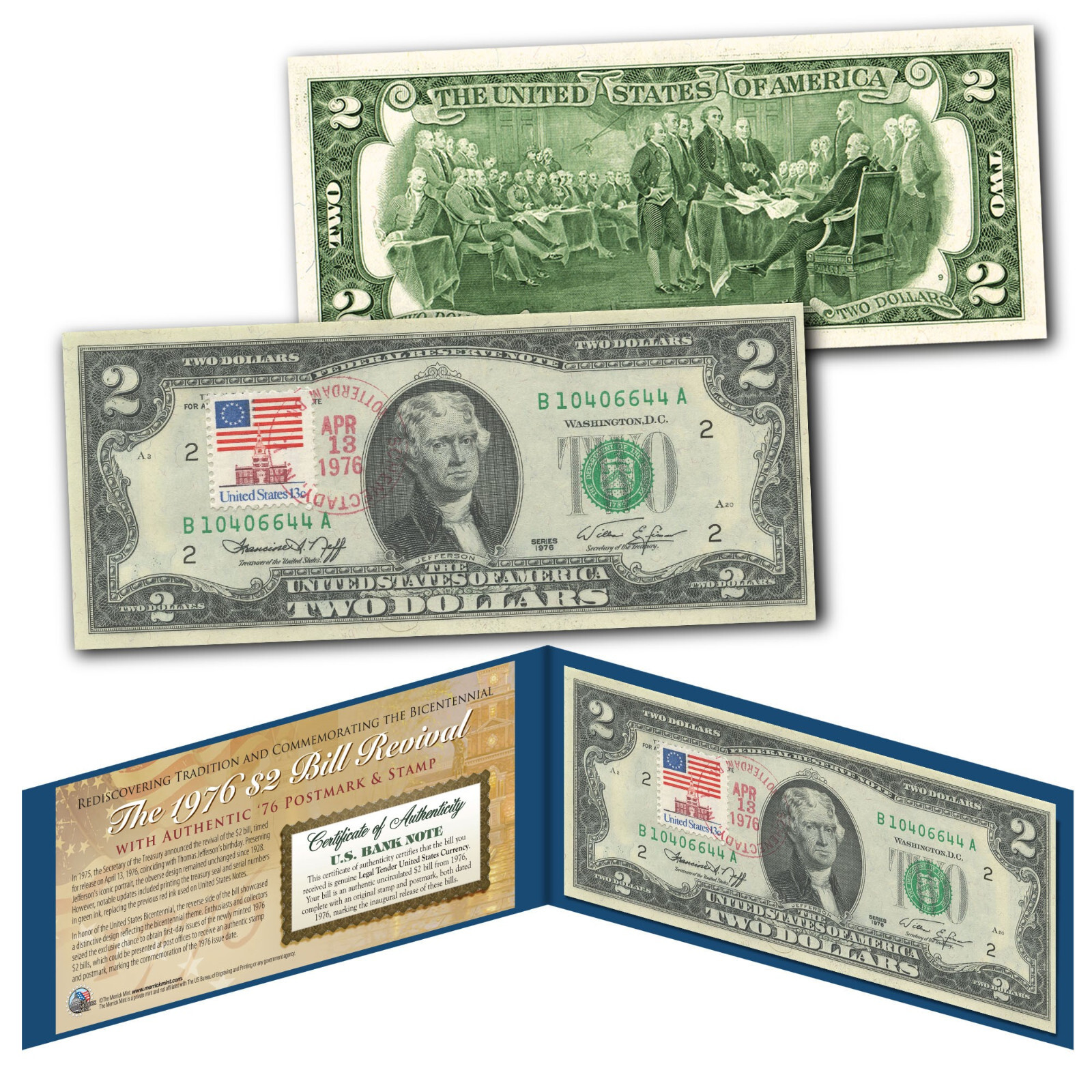 1976 UNC Genuine $2 U.S. Bill with 1976 Stamp & 1976 Postmark