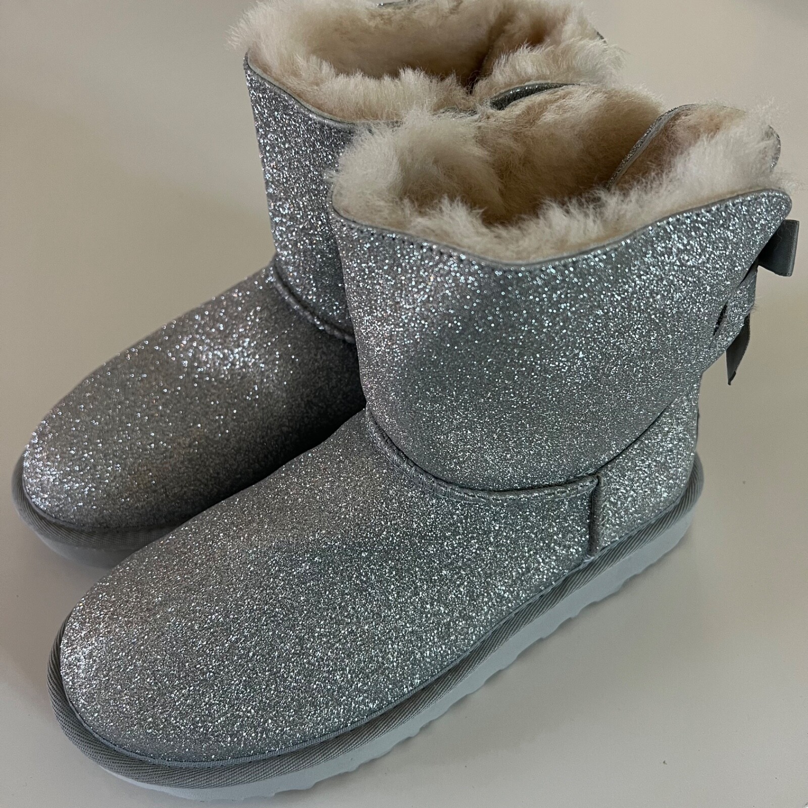 UGG Mini Bailey Bow Silver Sparkle Glitter Boots Women's Size 6