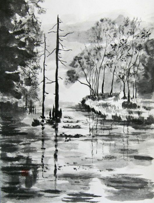 水墨画 （大正池Ⅱ） | 自由気ままに | 風景, 水墨画, 風景画