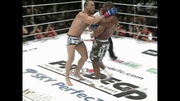 試合中に互いに笑顔を見せるヴァンダレイ・シウバとランペイジ