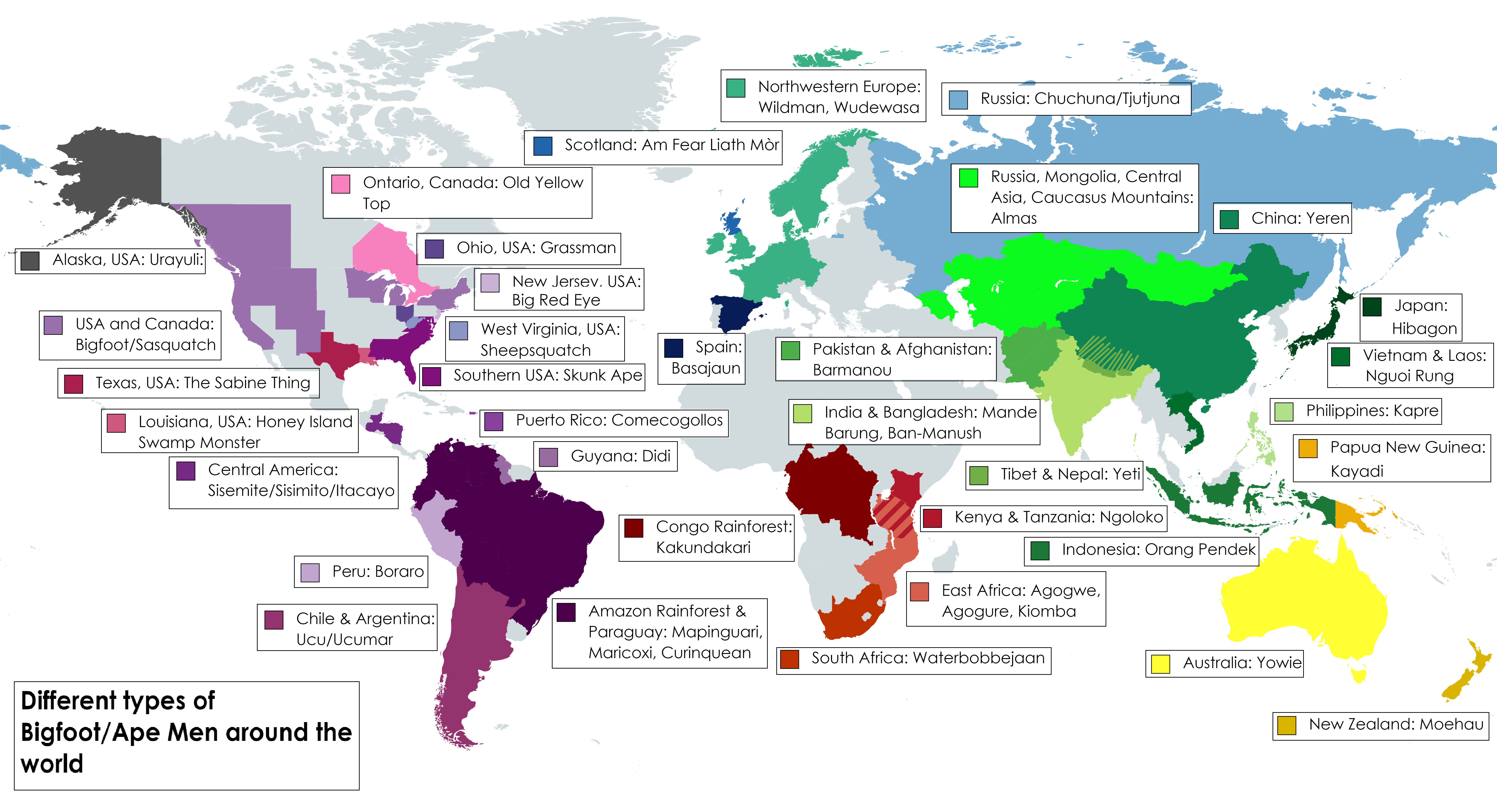 Different types of Bigfoot around the world : r/MapPorn