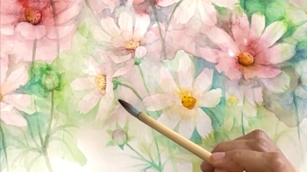 水彩画]9/19コスモスの花を描く/watercolorpainting/制作過程後半