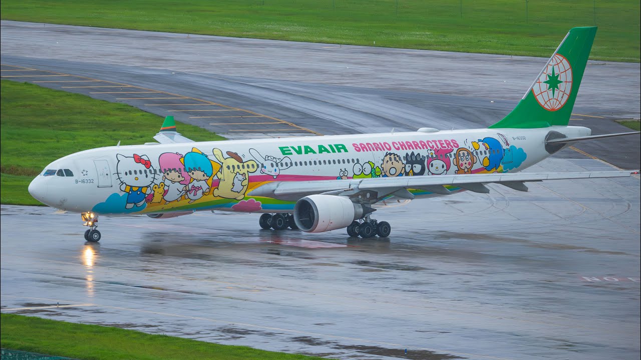 Chasing a Cute Plane in the Rain — EVA Air Hello Kitty A330 Lands