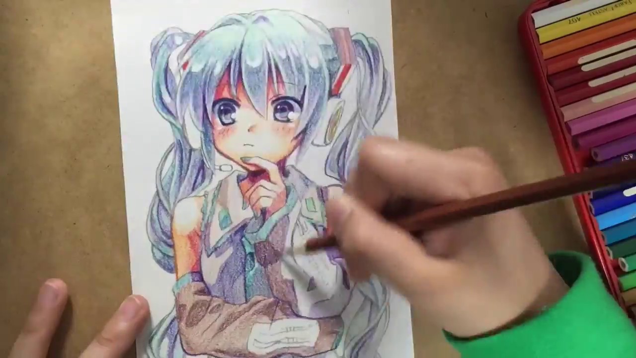 シャーペンと24色セットの色鉛筆で初音ミクを描いてみた(byもじゃ