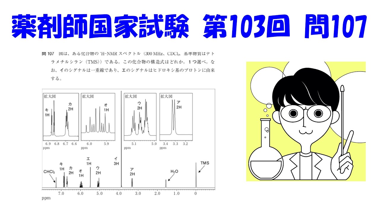 薬剤師国家試験 第103回 問107】NMRはシンプルなピークから解析してい