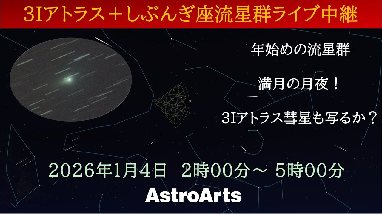 ライブ配信】恒星間天体 3Iアトラス彗星としぶんぎ座流星群（1月4日2時