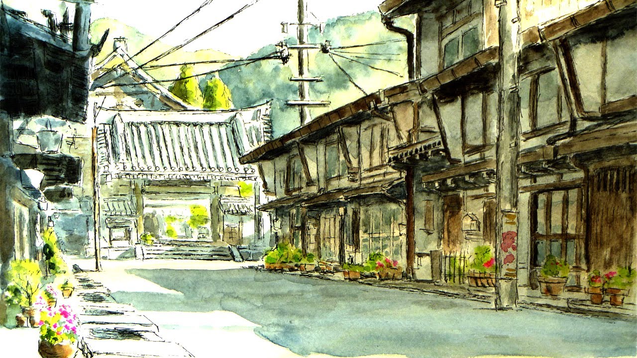 まずは一点透視 ／ 岐阜県・郡上八幡 【透明水彩風景画】 Gujo