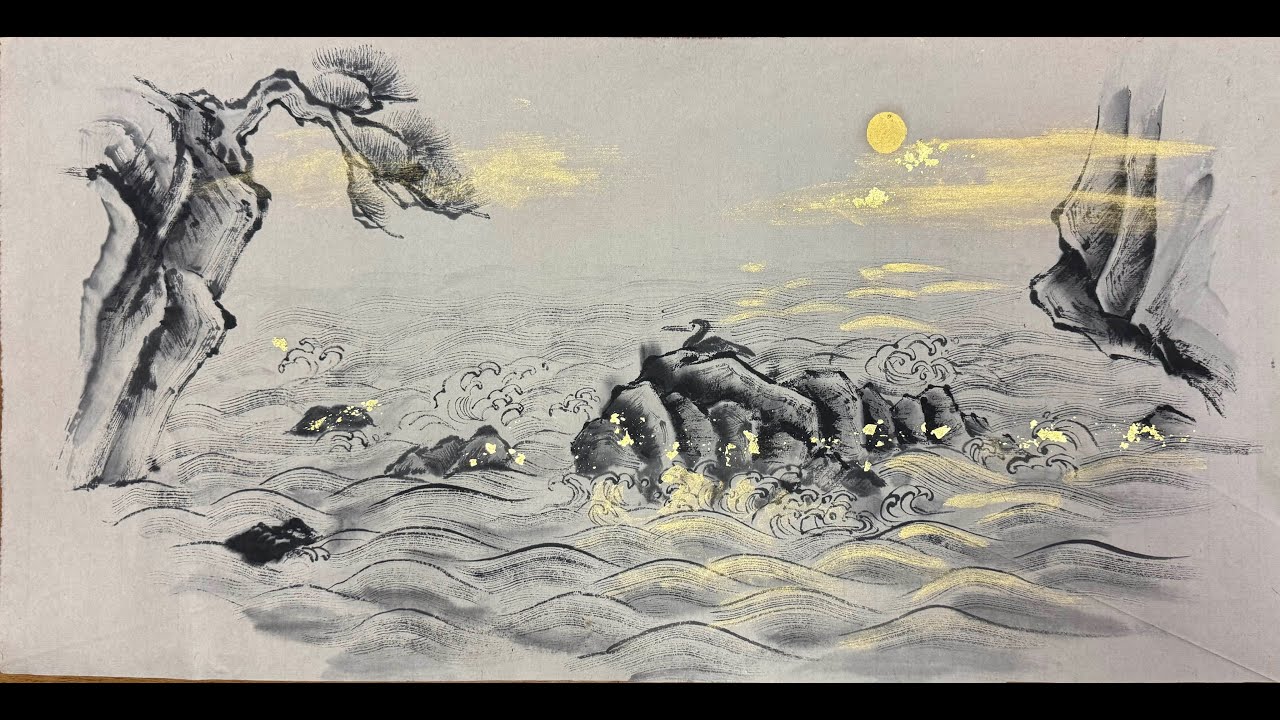 Sumi-e: Large waves drawn in Japanese ink painting / 小林東雲