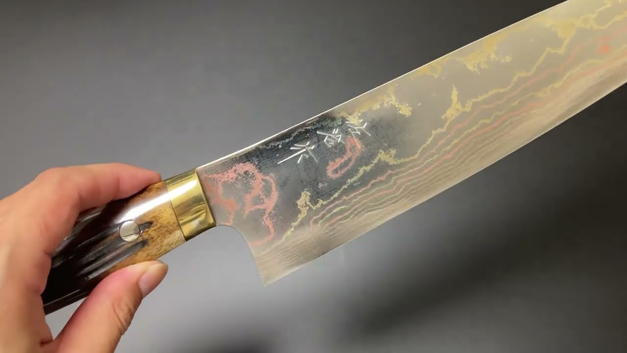 佐治武士 Takeshi Saji 牛刀包丁240mm 青紙鋼 有色ダマスカス 鹿角柄