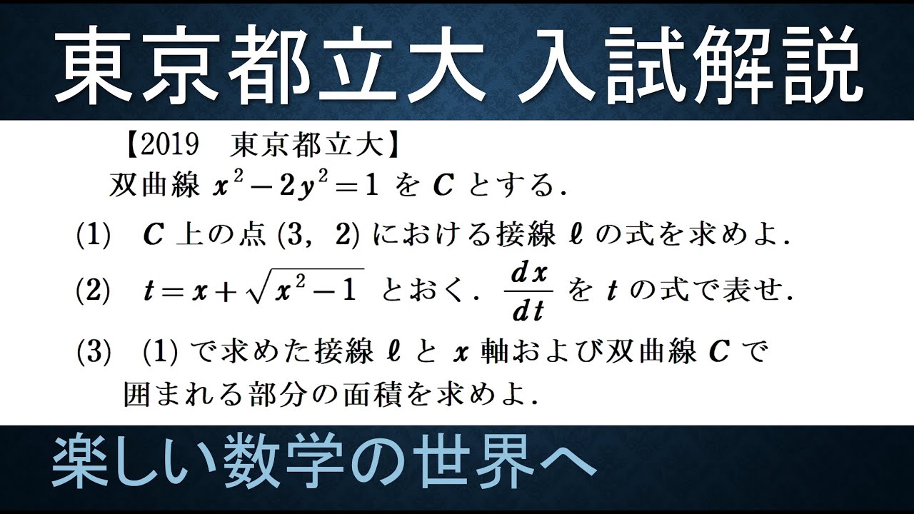200 難関大学入試問題解説 2019東京都立大入試 数Ⅲ 双曲線と面積【数