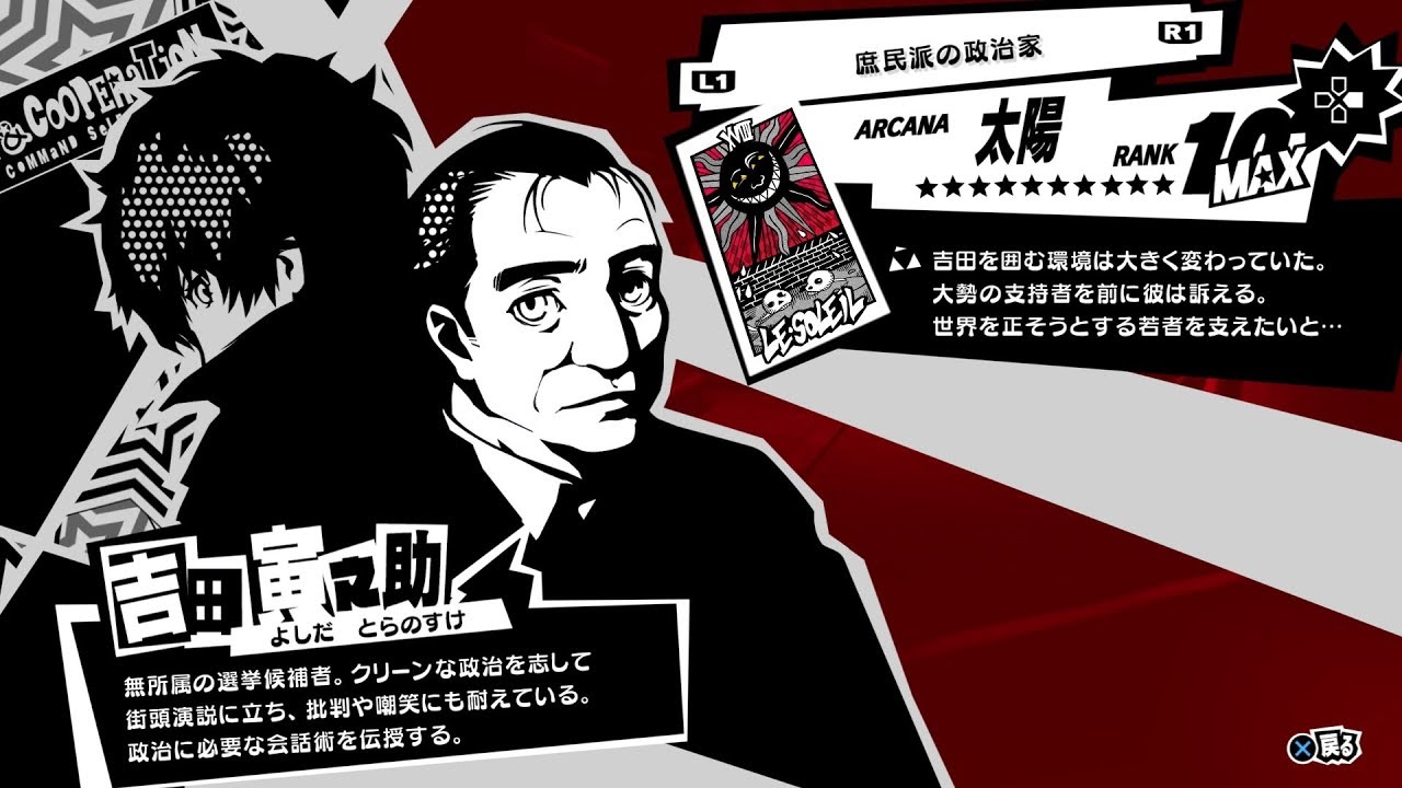 ペルソナ5R】庶民派の政治家『吉田寅之助(太陽)』全コープランク(好