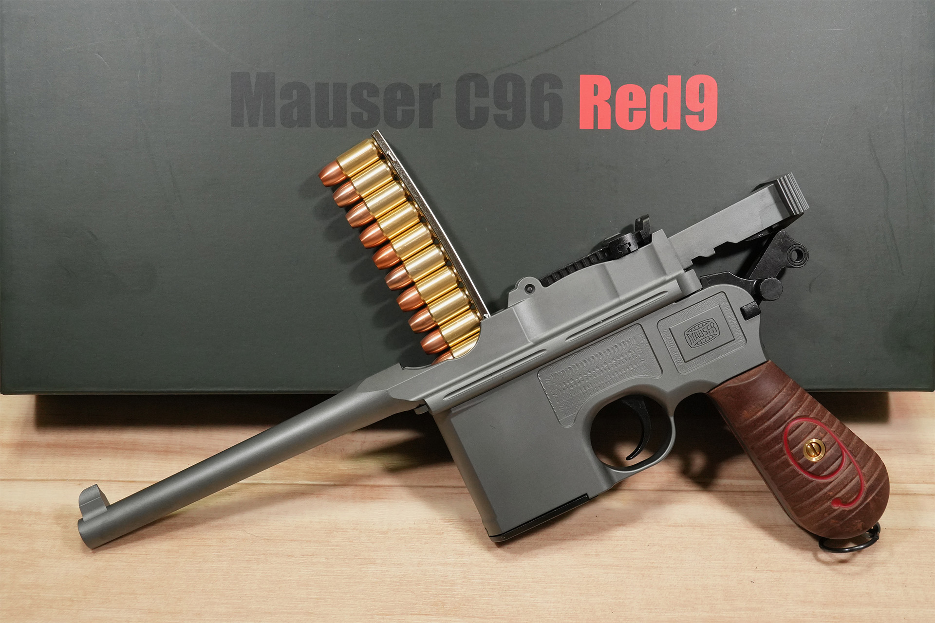 A!CTION製発火モデルガン、モーゼル C96 Red9 ナチュラル フィニッシュ