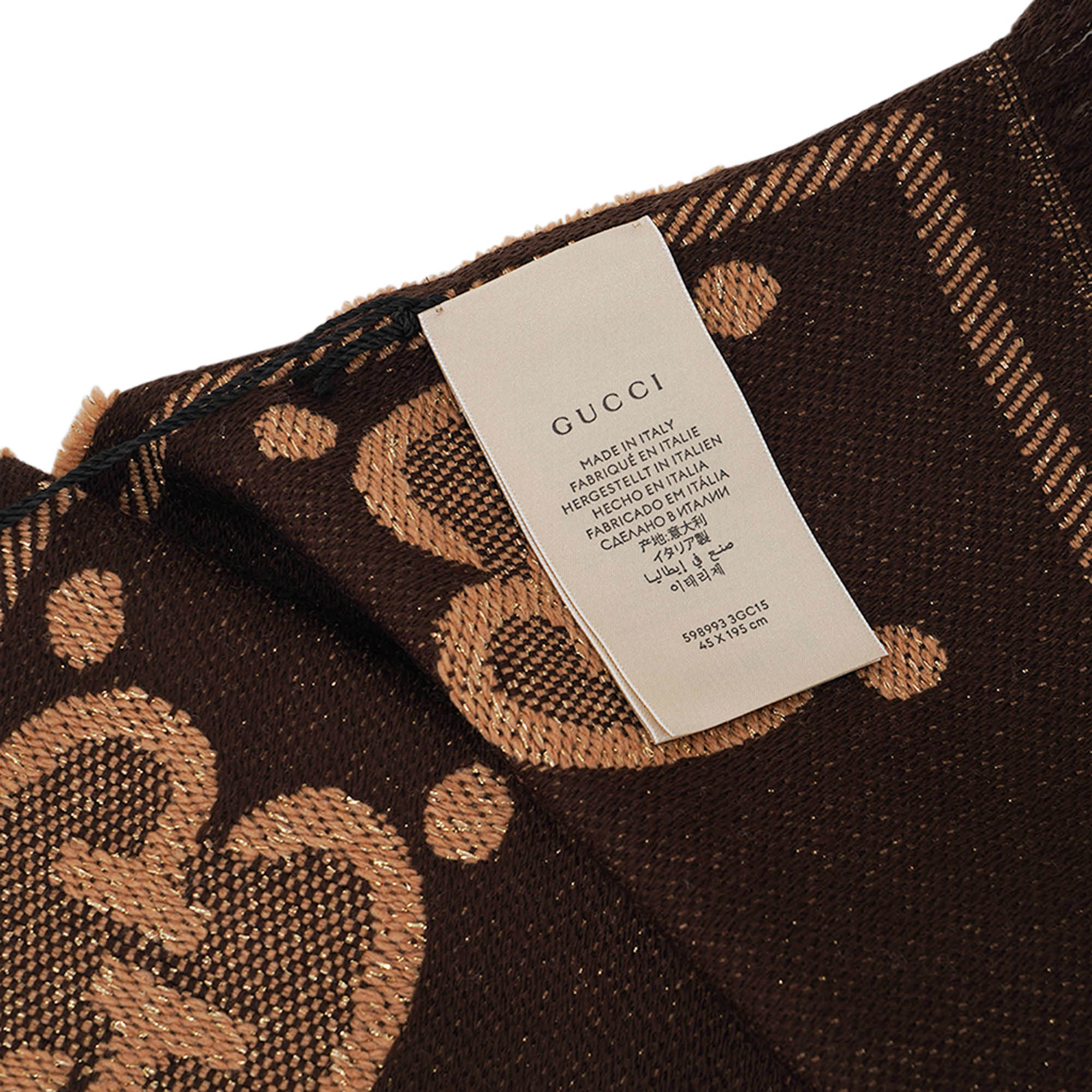 Gucci Lady Nest Lux Fringed Metallic Scarf in Brown and Camel