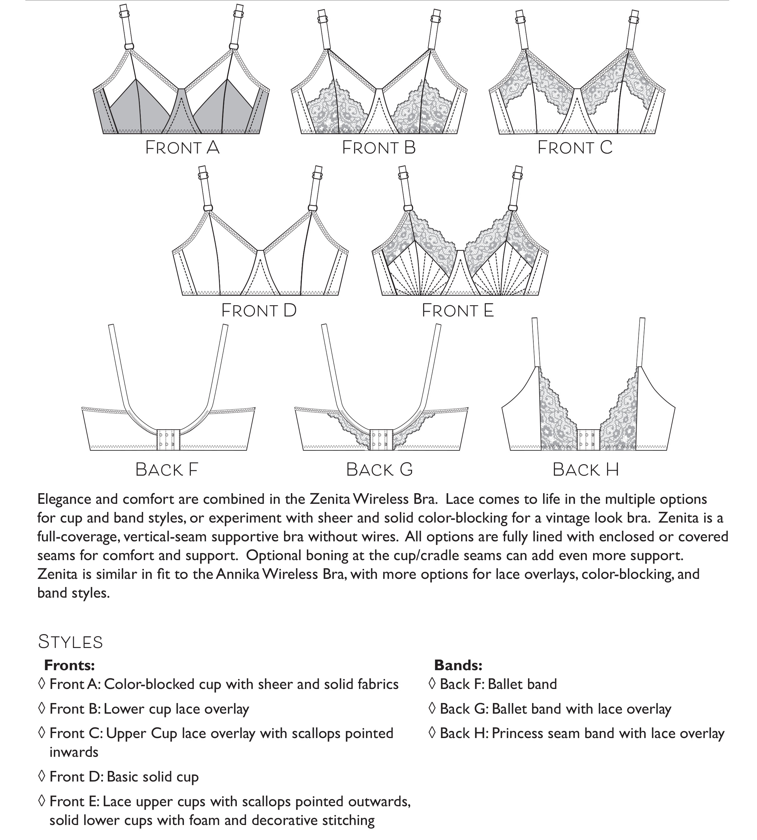 Zenita Wireless Bra PDF sewing pattern: wire-free bra for low