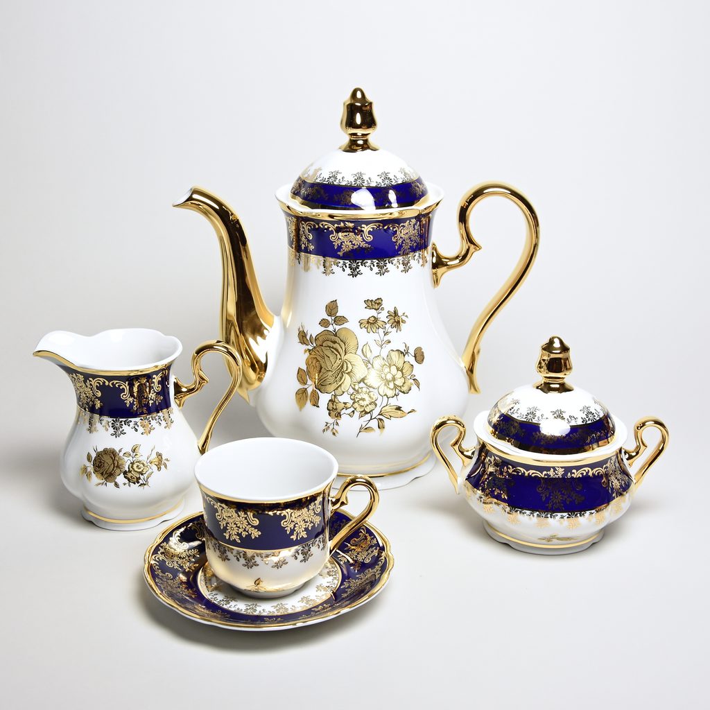 Mary-Anne 431: Coffee set for 6 pers., cobalt + gold rose, Leander