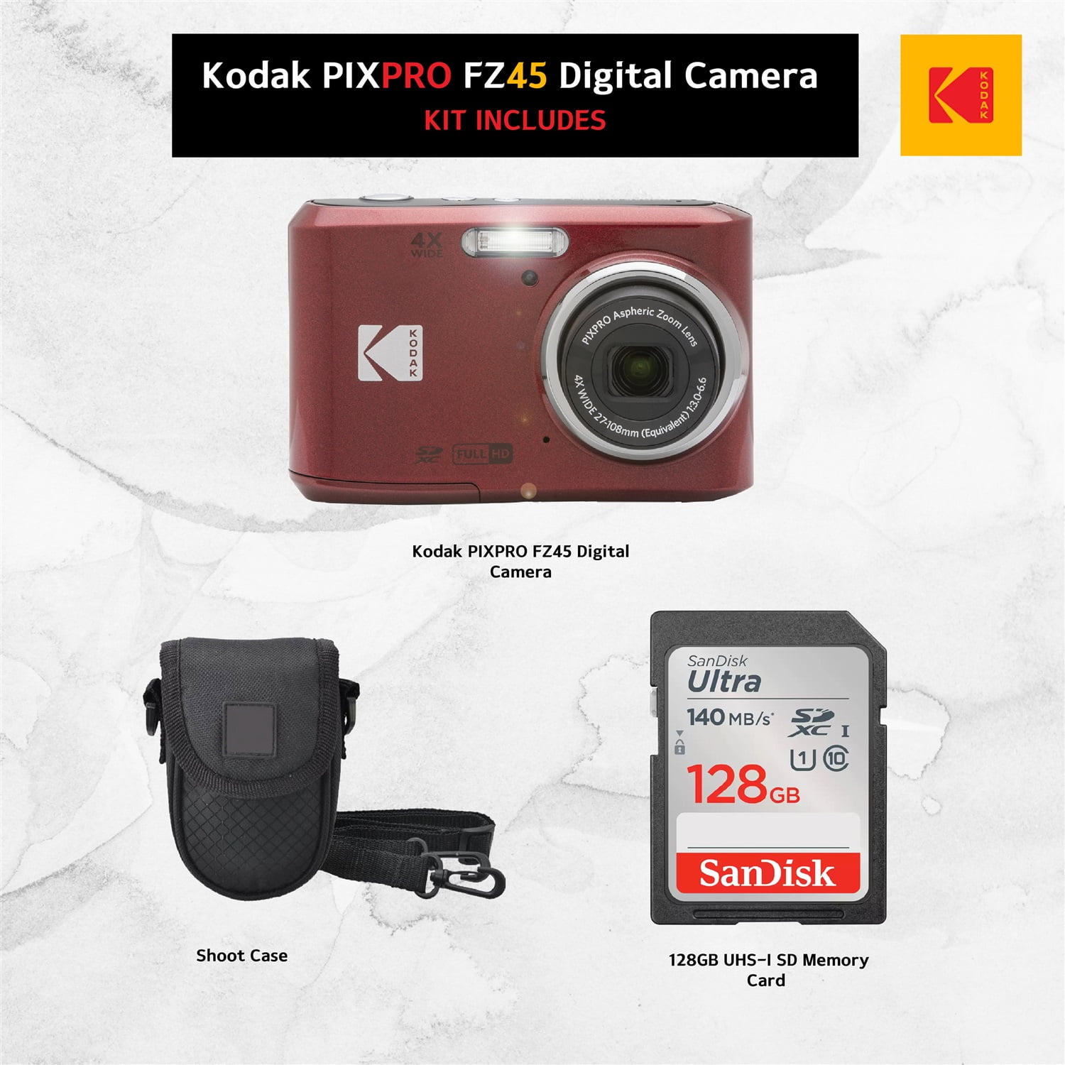 Kodak PIXPRO FZ45 Red Camera with 128GB SDXC Card, Case, 4x Zoom