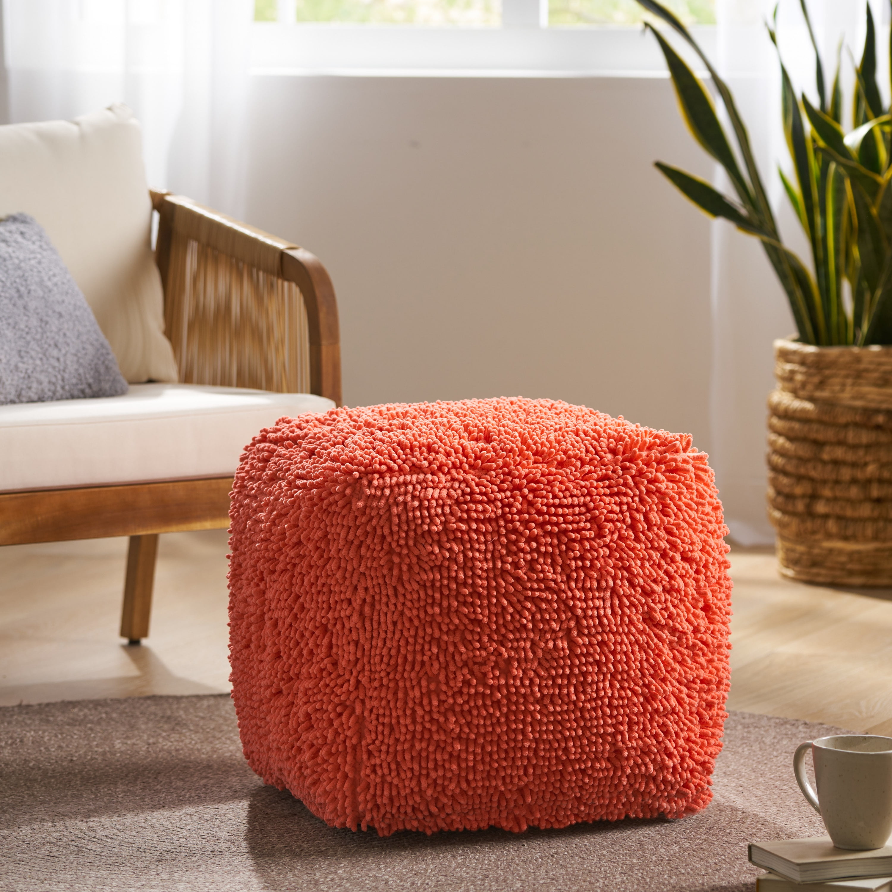 Noble House Cube Solid Plush Fabric Poufs, Orange - Walmart.com