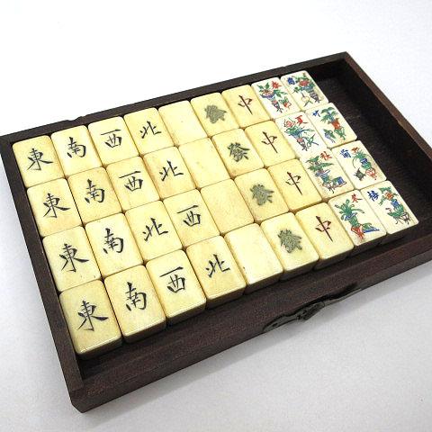 中国 竹嵌 骨牌 背竹牌 麻雀牌 木箱付 V 8014 中国 竹嵌 骨牌 背竹牌