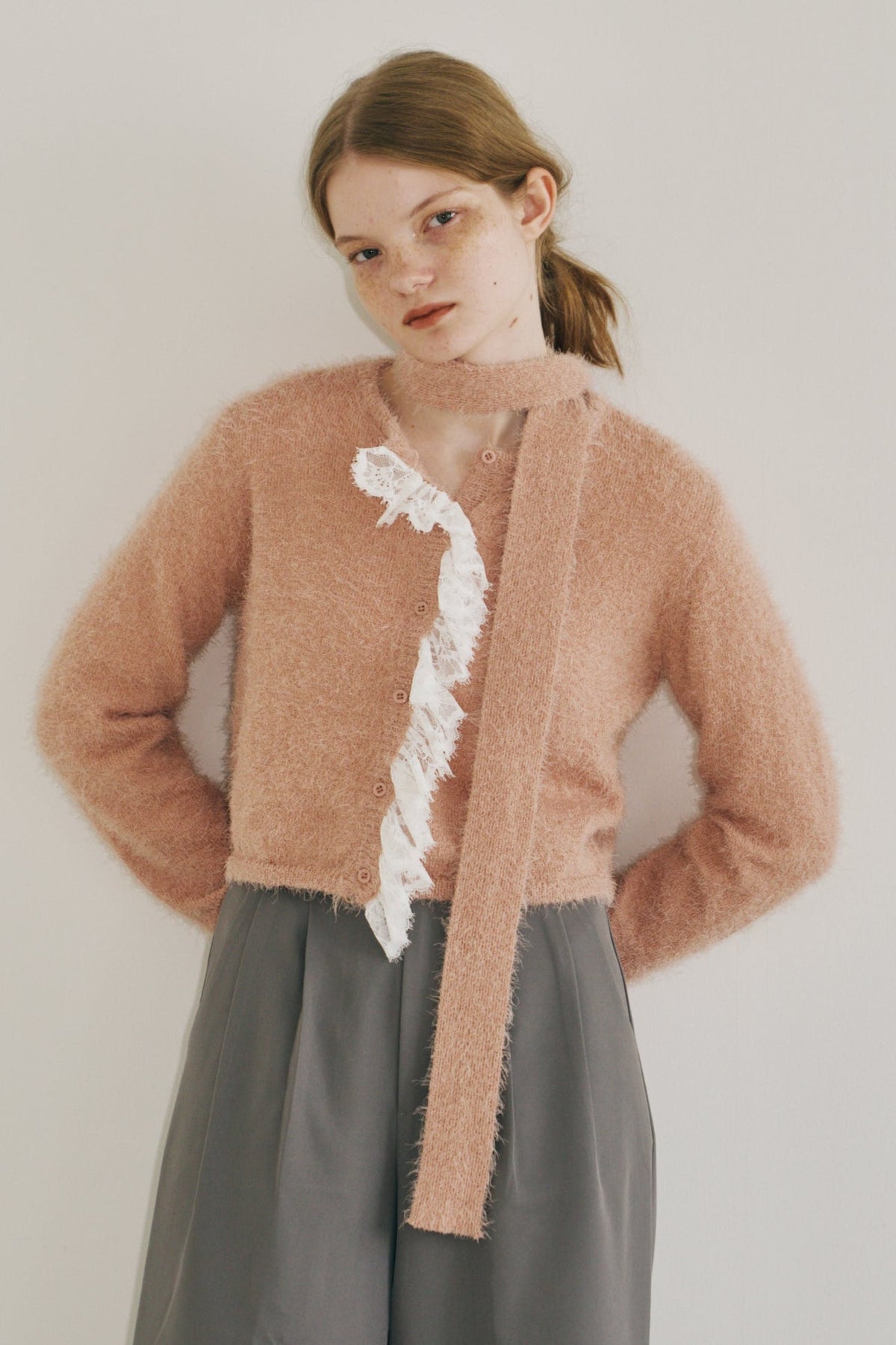 lace frill shaggy knit cardigan – idem