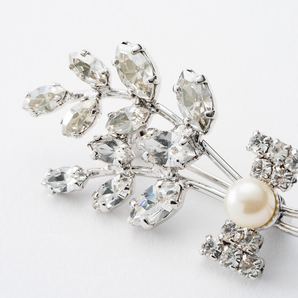 ブローチ ラインストーン パール クリアカラー ボタニカル リボン