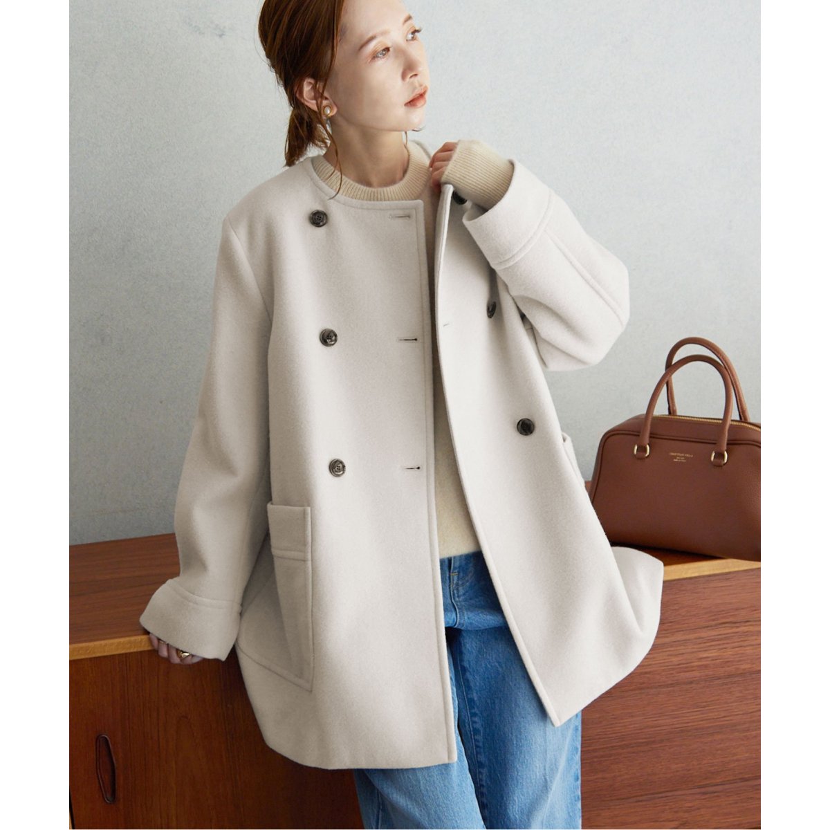 スイビダブルクロスノーカラーダブル前コート | スローブ イエナ(SLOBE