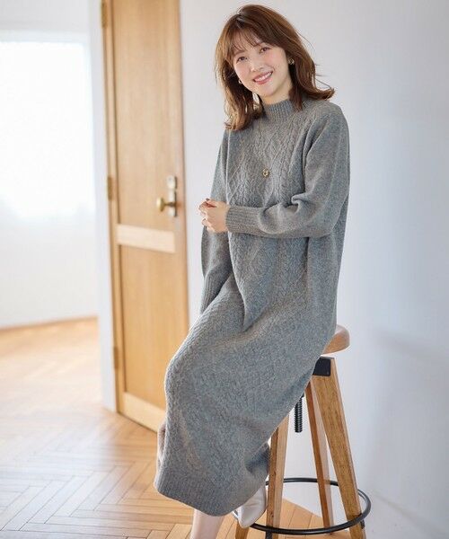セール】 【洗える】ハイネックケーブルニット ワンピース （ミニ丈