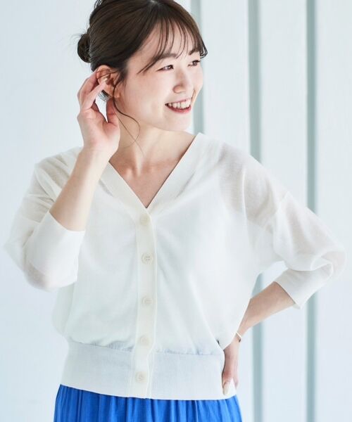 セール】 《手洗い可能》シアーVネック7分袖カーディガン