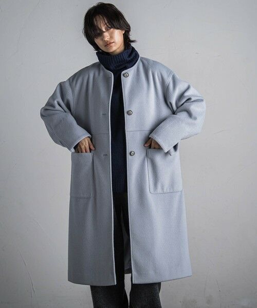セール】 メルトンジャージノーカラーロングコート （ダッフルコート