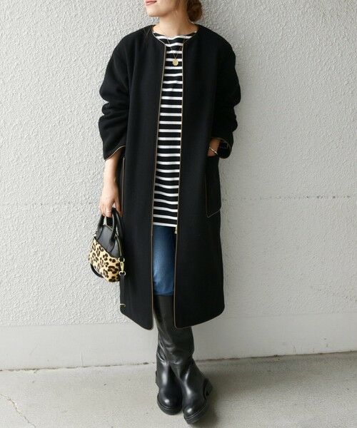 SHIPS any: ノーカラー パイピング ウールミックス ロングコート(36