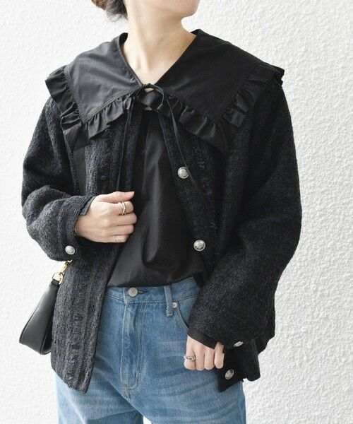 セール】 SHIPS any:ノーカラー ツイード ジャケット［NAVY BLUE